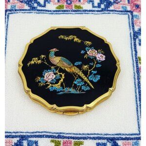 Stratton Vtg Powder Compact w/ Mirror Goldtone Oriental Pheasant Bird floral
